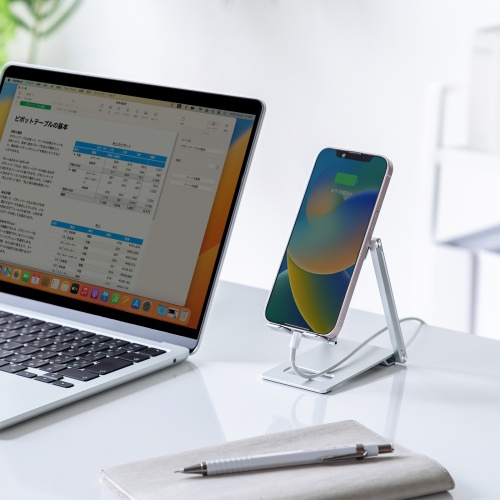 モバイルスタンド（折りたたみ式・超薄型9mm・アルミ製・冷却・無段階角度調整・持ち運び・タブレット・スマホスタンド・シルバー）