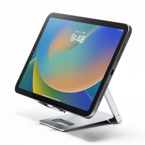 モバイルスタンド（折りたたみ式・超薄型9mm・アルミ製・冷却・無段階角度調整・持ち運び・タブレット・スマホスタンド・シルバー）