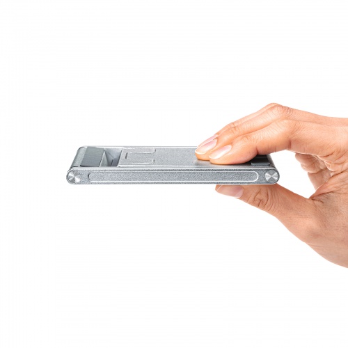 モバイルスタンド（折りたたみ式・超薄型9mm・アルミ製・冷却・無段階角度調整・持ち運び・タブレット・スマホスタンド・シルバー）