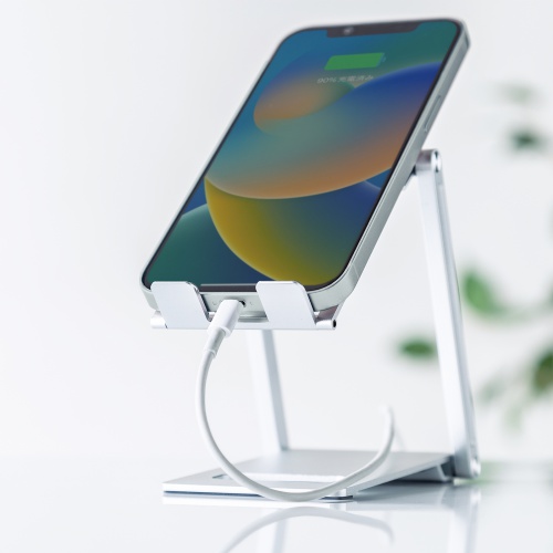 モバイルスタンド（折りたたみ式・超薄型9mm・アルミ製・冷却・無段階角度調整・持ち運び・タブレット・スマホスタンド・シルバー）