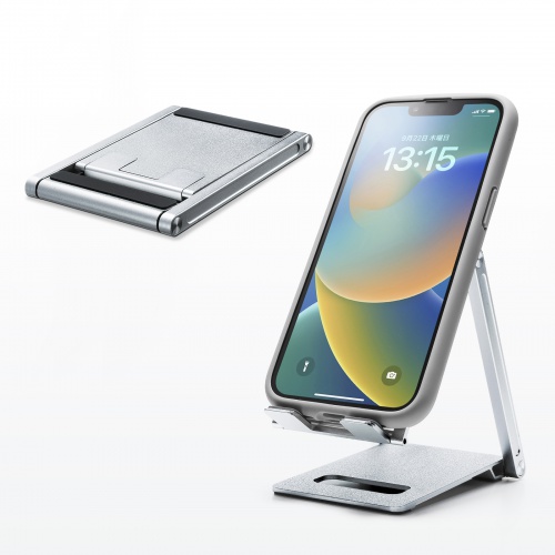 モバイルスタンド（折りたたみ式・超薄型9mm・アルミ製・冷却・無段階角度調整・持ち運び・タブレット・スマホスタンド・シルバー）