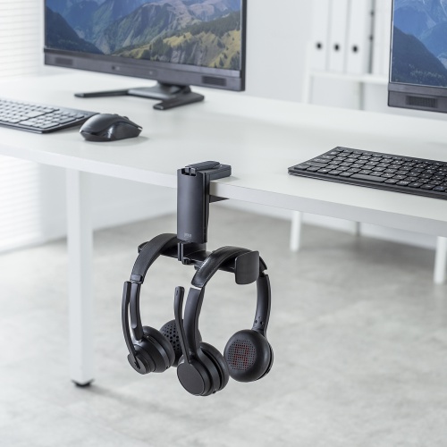 ヘッドホンフック（クランプ固定式・ケーブルフック付き・ヘッドホンハンガー・ヘッドホンスタンド・360°回転・ヘッドホン2台対応・机・PCデスク）