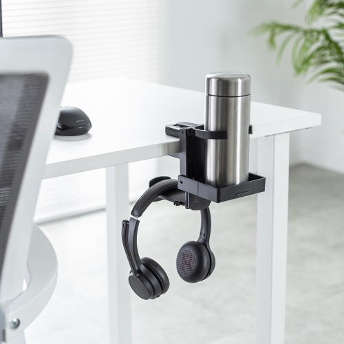 ドリンクホルダー付きヘッドホンフック（クランプ固定式・カップホルダー・クランプホルダー・ケーブルフック付き・ヘッドホンハンガー・ヘッドホンスタンド・360°回転・ヘッドホン2台対応・机・PCデスク）