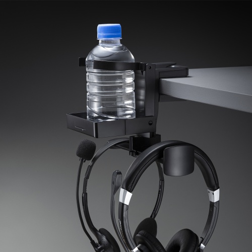 ドリンクホルダー付きヘッドホンフック（クランプ固定式・カップホルダー・クランプホルダー・ケーブルフック付き・ヘッドホンハンガー・ヘッドホンスタンド・360°回転・ヘッドホン2台対応・机・PCデスク）