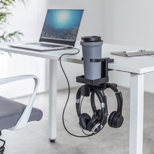 ドリンクホルダー付きヘッドホンフック（クランプ固定式・カップホルダー・クランプホルダー・ケーブルフック付き・ヘッドホンハンガー・ヘッドホンスタンド・360°回転・ヘッドホン2台対応・机・PCデスク）