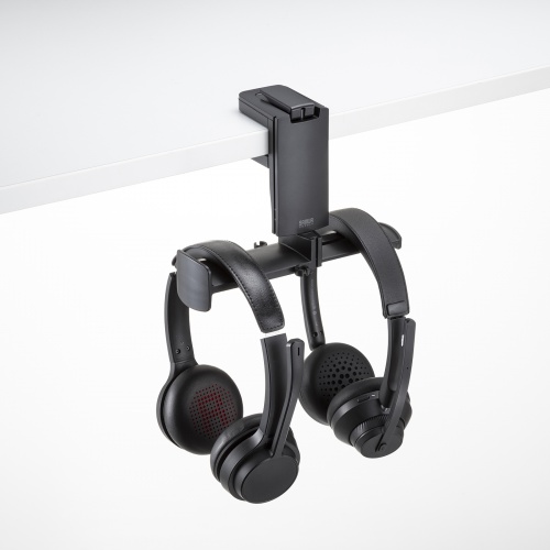 ドリンクホルダー付きヘッドホンフック（クランプ固定式・カップホルダー・クランプホルダー・ケーブルフック付き・ヘッドホンハンガー・ヘッドホンスタンド・360°回転・ヘッドホン2台対応・机・PCデスク）