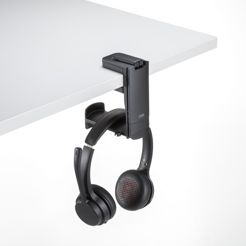 ドリンクホルダー付きヘッドホンフック（クランプ固定式・カップホルダー・クランプホルダー・ケーブルフック付き・ヘッドホンハンガー・ヘッドホンスタンド・360°回転・ヘッドホン2台対応・机・PCデスク）