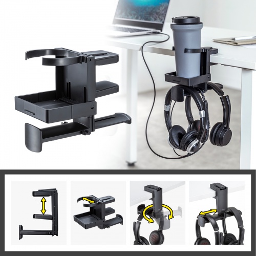 ドリンクホルダー付きヘッドホンフック（クランプ固定式・カップホルダー・クランプホルダー・ケーブルフック付き・ヘッドホンハンガー・ヘッドホンスタンド・360°回転・ヘッドホン2台対応・机・PCデスク）
