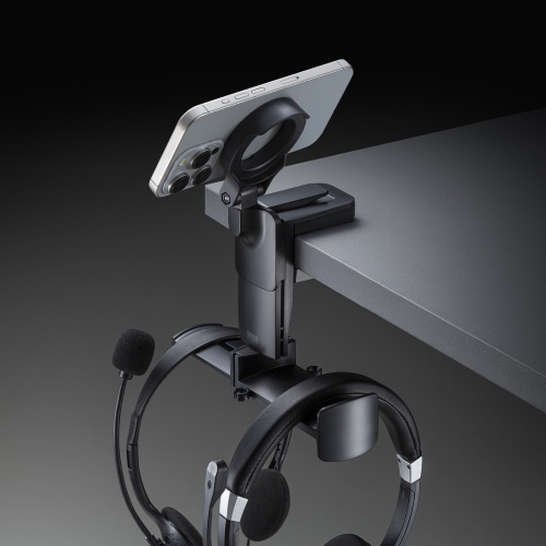 マグネットホルダー付きヘッドホンフック（クランプ固定式・クランプホルダー・ケーブルフック付き・ヘッドホンハンガー・ヘッドホンスタンド・360°回転・ヘッドホン2台対応・机・PCデスク）