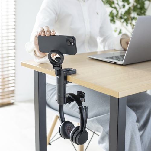 マグネットホルダー付きヘッドホンフック（クランプ固定式・クランプホルダー・ケーブルフック付き・ヘッドホンハンガー・ヘッドホンスタンド・360°回転・ヘッドホン2台対応・机・PCデスク）