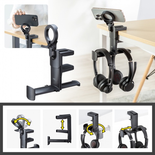 マグネットホルダー付きヘッドホンフック（クランプ固定式・クランプホルダー・ケーブルフック付き・ヘッドホンハンガー・ヘッドホンスタンド・360°回転・ヘッドホン2台対応・机・PCデスク）