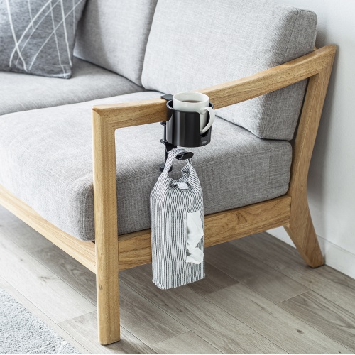 ドリンクホルダー付きバッグハンガー（クランプ固定式・マグカップ対応・カップホルダー・ヘッドホンホルダー・金属製ハンガー・360°回転・机・PCデスク）