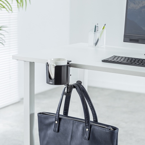 ドリンクホルダー付きバッグハンガー（クランプ固定式・マグカップ対応・カップホルダー・ヘッドホンホルダー・金属製ハンガー・360°回転・机・PCデスク）