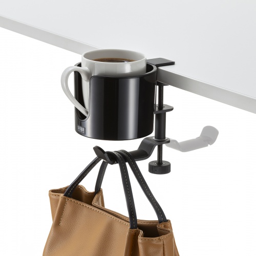 ドリンクホルダー付きバッグハンガー（クランプ固定式・マグカップ対応・カップホルダー・ヘッドホンホルダー・金属製ハンガー・360°回転・机・PCデスク）