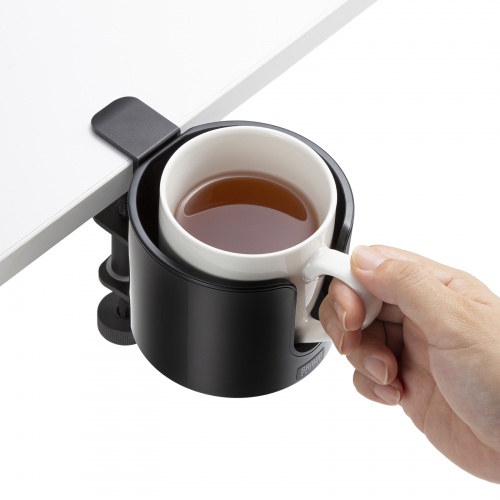 ドリンクホルダー付きバッグハンガー（クランプ固定式・マグカップ対応・カップホルダー・ヘッドホンホルダー・金属製ハンガー・360°回転・机・PCデスク）