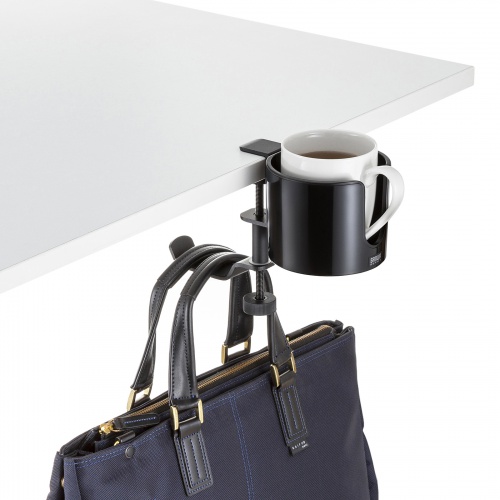 ドリンクホルダー付きバッグハンガー（クランプ固定式・マグカップ対応・カップホルダー・ヘッドホンホルダー・金属製ハンガー・360°回転・机・PCデスク）