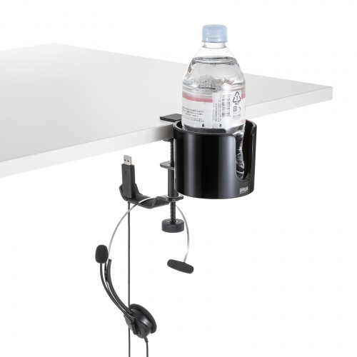 ドリンクホルダー付きバッグハンガー（クランプ固定式・マグカップ対応・カップホルダー・ヘッドホンホルダー・金属製ハンガー・360°回転・机・PCデスク）