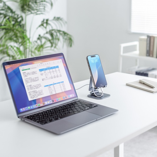 スマホスタンド（回転・折りたたみ・アルミ製・無段階・角度調整・2関節・スマートフォンスタンド）