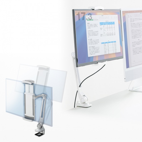 モバイルモニタースタンド（クランプ式・17.3インチ・15.8インチ・15.6インチ・360度回転・伸縮アーム・モバイルディスプレイ・iPad・タブレット・ホワイト）