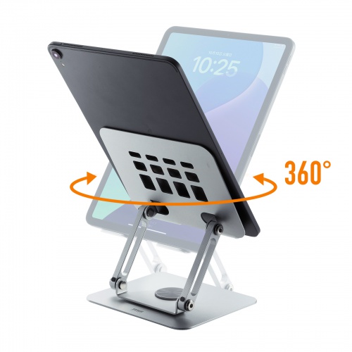タブレットスタンド（アルミ製・360度回転・アーム式・折りたたみ・放熱・姿勢改善・リビング学習・傾斜台・腰痛/猫背解消・レジ）