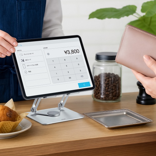 タブレットスタンド（アルミ製・360度回転・アーム式・折りたたみ・放熱・姿勢改善・リビング学習・傾斜台・腰痛/猫背解消・レジ）