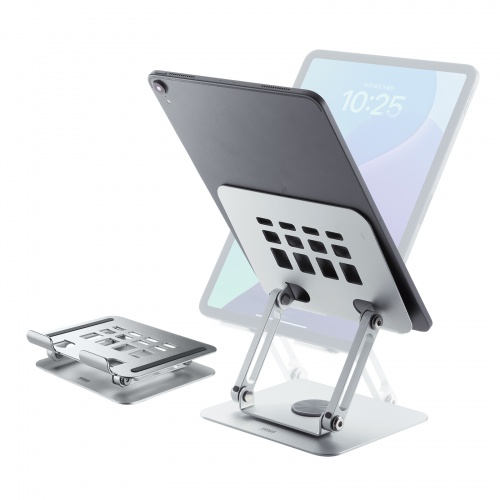 タブレットスタンド（アルミ製・360度回転・アーム式・折りたたみ・放熱・姿勢改善・リビング学習・傾斜台・腰痛/猫背解消・レジ）