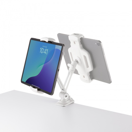 タブレットアームスタンド（クランプ固定・2関節・無段階・角度調整・12.9インチ・360度回転・病院・ナースカート・店舗・ホワイト）