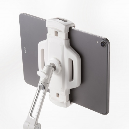 タブレットアームスタンド（クランプ固定・2関節・無段階・角度調整・12.9インチ・360度回転・病院・ナースカート・店舗・ホワイト）