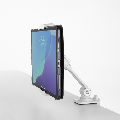 タブレットアームスタンド（クランプ固定・2関節・無段階・角度調整・12.9インチ・360度回転・病院・ナースカート・店舗・ホワイト）