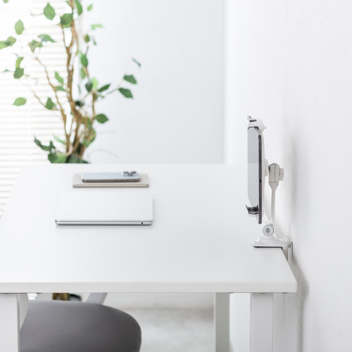 タブレットアームスタンド（クランプ固定・2関節・無段階・角度調整・12.9インチ・360度回転・病院・ナースカート・店舗・ホワイト）