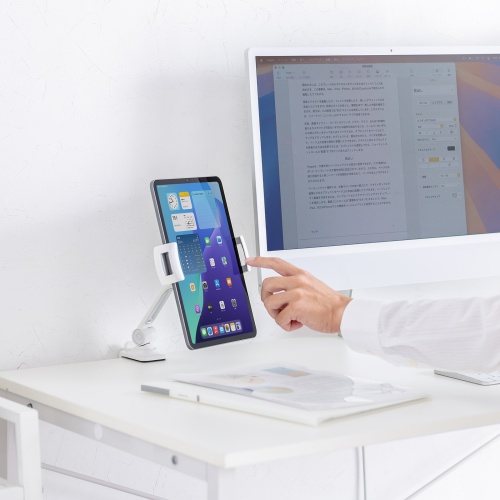タブレットアームスタンド（クランプ固定・2関節・無段階・角度調整・12.9インチ・360度回転・病院・ナースカート・店舗・ホワイト）