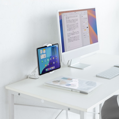 タブレットアームスタンド（クランプ固定・2関節・無段階・角度調整・12.9インチ・360度回転・病院・ナースカート・店舗・ホワイト）