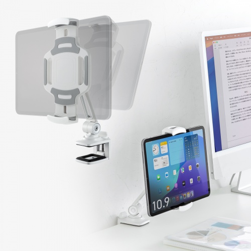 タブレットアームスタンド（クランプ固定・2関節・無段階・角度調整・12.9インチ・360度回転・病院・ナースカート・店舗・ホワイト）
