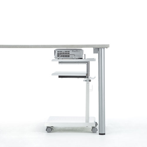 プロジェクター台(高さ調整・中棚/下棚・トレー・ケーブルフック付き・耐荷重15kg・デスク下)