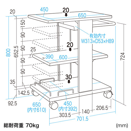 プロジェクターカート(移動可能・中棚高さ可変5段階)