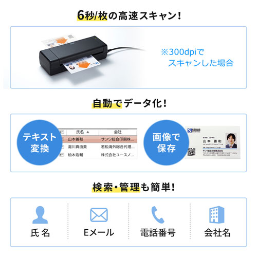 名刺スキャナー サンワ、名刺管理ソフトが付属したコンパクトな名刺スキャナー