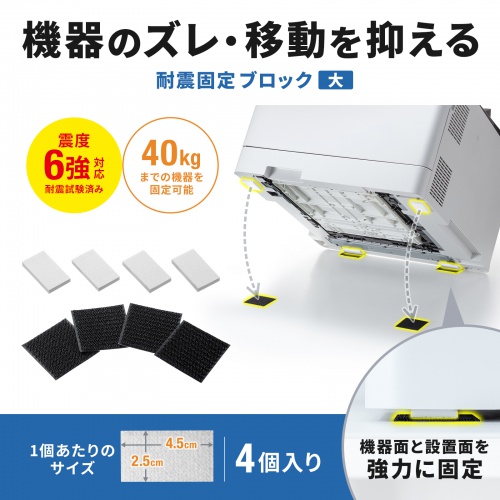 耐震グッズ（耐震固定ブロック・大・転倒防止アイテム・ブロックパーツ 25×45mm厚さ5mm・ループファスナー50×50mm・各4個入り・対象物重量40kgまで）