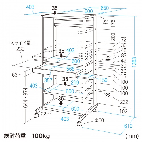 パソコンラック（キーボードスライダー付き・RoHS10対応・W650×D610mm） RAC-507