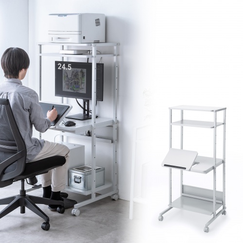 パソコンラック（チルト天板・5段階角度調整・幅65×奥行60×高さ140cm・キャスター付き）