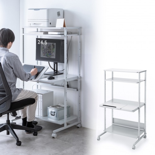 パソコンラック（チルト天板・5段階角度調整・幅80×D60×H140cm・キャスター付き）