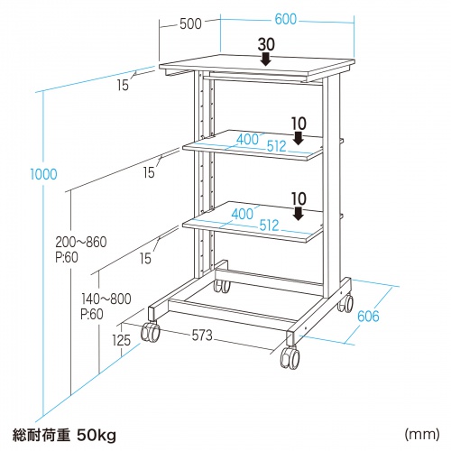 マルチカート（ラベルプリンタカート・プリンタ台・作業台・移動式ワゴン・ピッキングカート・バッテリー・計測機器・ナイロンキャスター・幅60×奥行き60.6×高さ100cm）