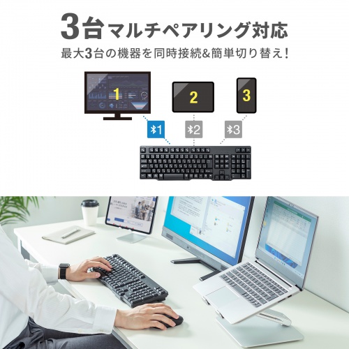 ワイヤレスキーボード（Bluetooth・テンキー付き・3台マルチペアリング・メンブレン・コンパクト・フルキーボード・乾電池式・Copilotキー・ブラック）