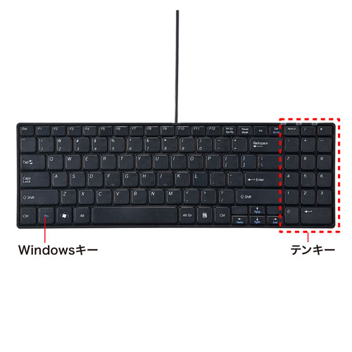 英語配列USBスリムキーボード（テンキーあり・ブラック） SKB-E2UN
