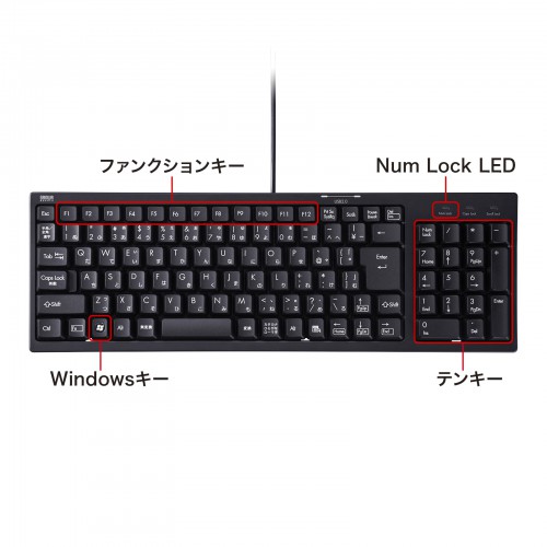 キーボード（USB2.0ハブ2ポート付き・コンパクト・テンキー付き・ブラック）SKB-KG2UH2BK