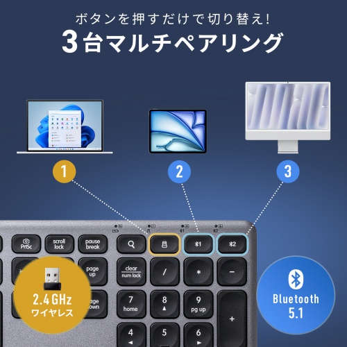 Bluetoothキーボード（USB充電式・ワイヤレス・BT＆ USB Aレシーバー・マルチペアリング・2.4GHz・日本語配列・パンタグラフ式・ブラック）