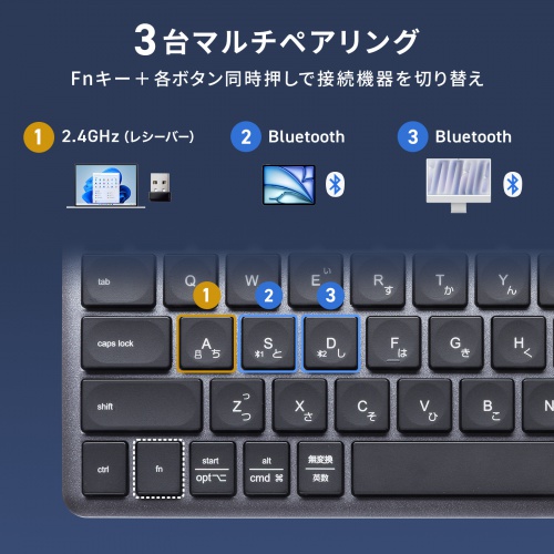 Bluetooth＋2.4Gコンボキーボード（USB充電式・ワイヤレス・BT＆ USB Aレシーバー・テンキーレス・マルチペアリング・2.4GHz・日本語配列・パンタグラフ式・コンパクト・ブラック））