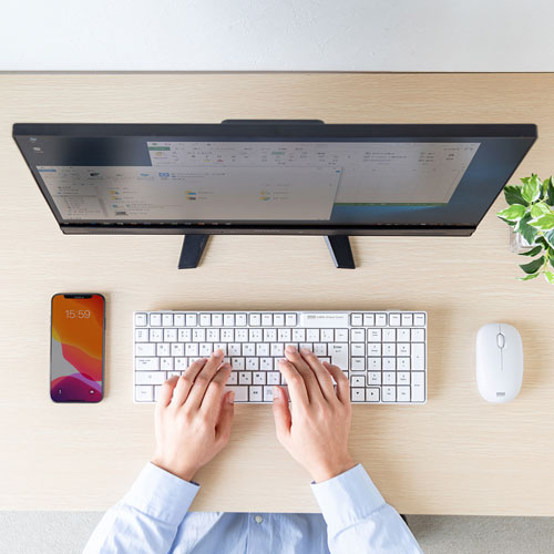 マウス付きキーボード（ワイヤレス・無線・中型・4ボタン・ブルーLED・メンブレン・ホワイト）