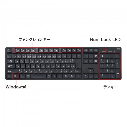 ワイヤレスキーボード（静音・2.4GHzワイヤレス・USB・テンキーあり・薄型メンブレン・ブラック）SKB-WL37BK