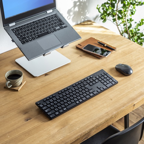 ワイヤレスキーボード（コンパクトサイズ・フルキーボード・2.4GHzワイヤレス・日本語109A配列・薄型メンブレン・電池式・ブラック）