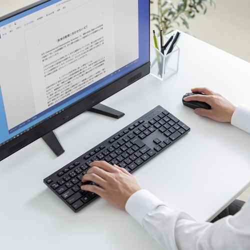 ワイヤレスキーボード（静音ワイヤレスマウス付き・コンパクトサイズ・フルキーボード・2.4GHzワイヤレス・薄型メンブレン・電池式・ブラック）